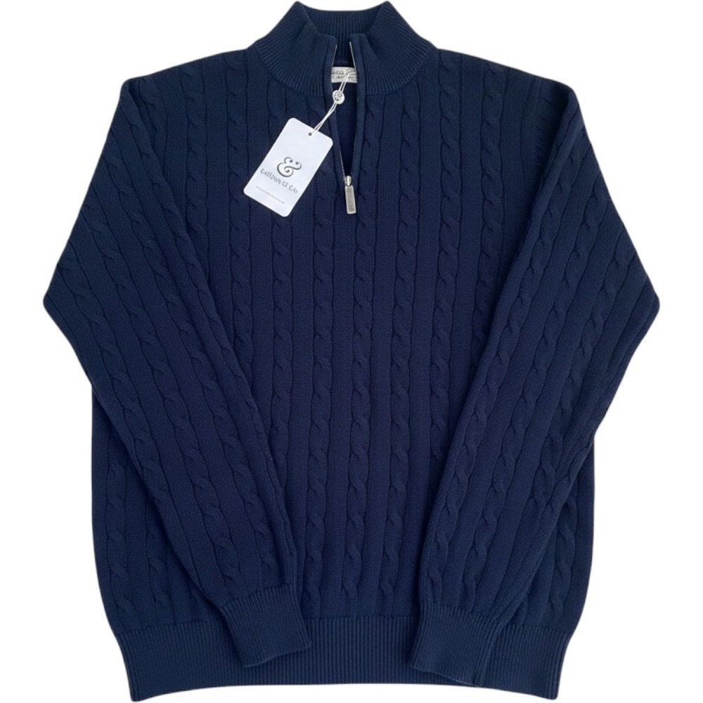 Collars & Co Kensington Navy Cable Knit Quarter Zip Sweater Mens Medium NWT - Picture 2 of 6